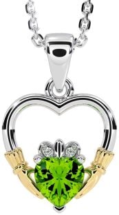 Diamond Peridot Gold Silver Claddagh Heart Necklace