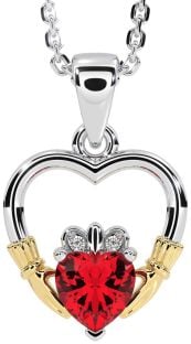 Diamond Ruby Gold Silver Claddagh Heart Necklace