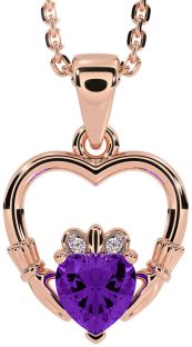Diamond Amethyst Rose Gold Silver Claddagh Heart Necklace
