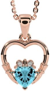 Diamond Aquamarine Rose Gold Silver Claddagh Heart Necklace