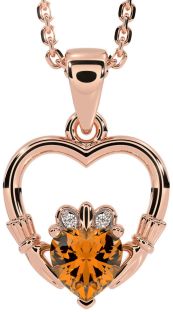 Diamond Citrine Rose Gold Silver Claddagh Heart Necklace