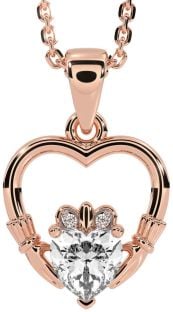 Diamond Rose Gold Silver Claddagh Heart Necklace