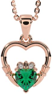 Diamond Emerald Rose Gold Silver Claddagh Heart Necklace