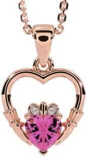 Diamond Pink Tourmaline Rose Gold Silver Claddagh Heart Necklace