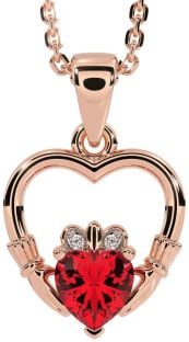 Diamond Ruby Rose Gold Silver Claddagh Heart Necklace