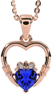 Diamond Sapphire Rose Gold Silver Claddagh Heart Necklace