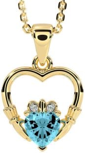 Diamond Aquamarine Gold Silver Claddagh Heart Necklace
