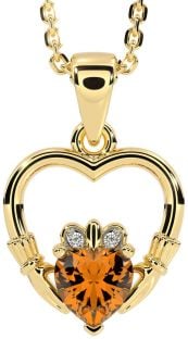 Diamond Citrine Gold Silver Claddagh Heart Necklace