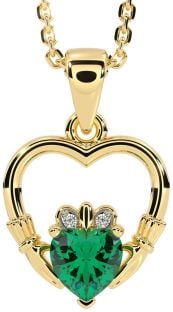 Diamond Emerald Gold Silver Claddagh Heart Necklace