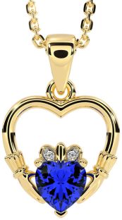 Diamond Sapphire Gold Silver Claddagh Heart Necklace