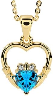 Diamond Topaz Gold Silver Claddagh Heart Necklace