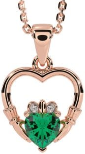 Diamond Emerald Rose Gold Claddagh Heart Necklace