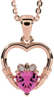 Diamond Pink Tourmaline Rose Gold Claddagh Heart Necklace