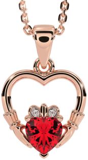 Diamond Ruby Rose Gold Claddagh Heart Necklace