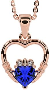 Diamond Sapphire Rose Gold Claddagh Heart Necklace