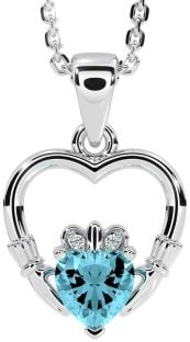 Diamond Aquamarine Silver Claddagh Heart Necklace