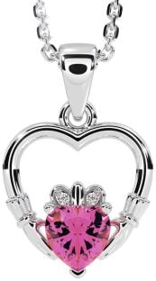 Diamond Pink Tourmaline Silver Claddagh Heart Necklace
