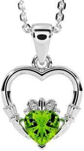 Diamond Peridot Silver Claddagh Heart Necklace