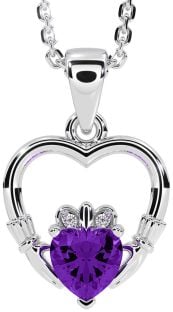 Diamond Amethyst White Gold Claddagh Heart Necklace