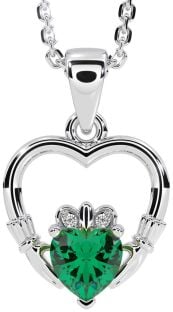 Diamond Emerald White Gold Claddagh Heart Necklace