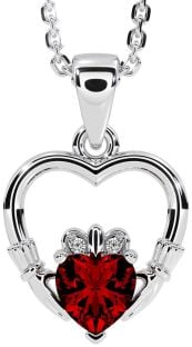 Diamond Garnet White Gold Claddagh Heart Necklace