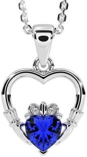 Diamond Sapphire White Gold Claddagh Heart Necklace