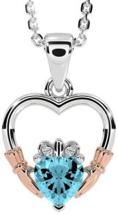 Diamond Aquamarine White Rose Gold Claddagh Heart Necklace