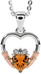 Diamond Citrine White Rose Gold Claddagh Heart Necklace