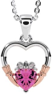 Diamond Pink Tourmaline White Rose Gold Claddagh Heart Necklace