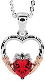 Diamond Ruby White Rose Gold Claddagh Heart Necklace