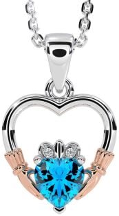 Diamond Topaz White Rose Gold Claddagh Heart Necklace