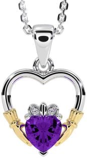 Diamond Amethyst White Yellow Gold Claddagh Heart Necklace