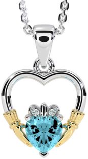 Diamond Aquamarine White Yellow Gold Claddagh Heart Necklace