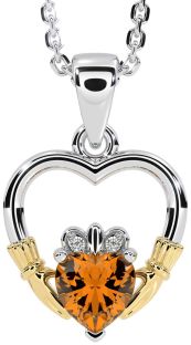 Diamond Citrine White Yellow Gold Claddagh Heart Necklace