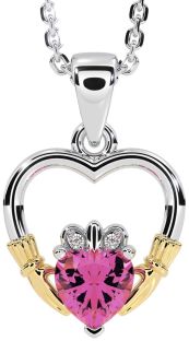 Diamond Pink Tourmaline White Yellow Gold Claddagh Heart Necklace