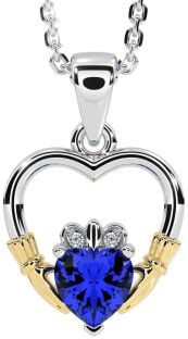 Diamond Sapphire White Yellow Gold Claddagh Heart Necklace