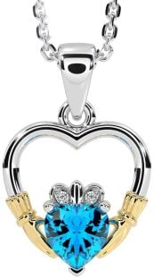 Diamond Topaz White Yellow Gold Claddagh Heart Necklace