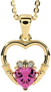 Diamond Pink Tourmaline Gold Claddagh Heart Necklace