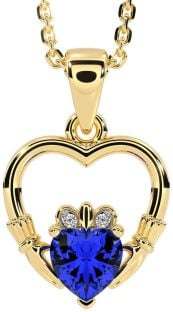 Diamond Sapphire Gold Claddagh Heart Necklace