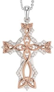 Large Diamond Rose Gold Silver Celtic Cross Necklace