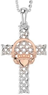 Rose Gold Silver Claddagh Celtic Cross Necklace