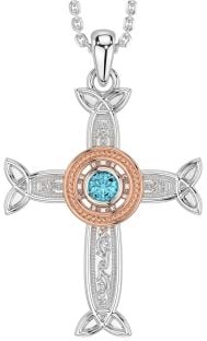 Aquamarine Rose Gold Silver Celtic Cross Necklace