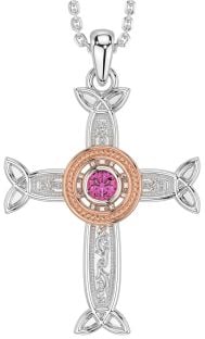 Pink Tourmaline Rose Gold Silver Celtic Cross Necklace