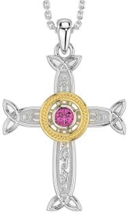 Pink Tourmaline Gold Silver Celtic Cross Necklace