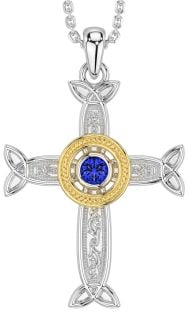 Sapphire Gold Silver Celtic Cross Necklace