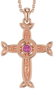 Pink Tourmaline Rose Gold Silver Celtic Cross Necklace