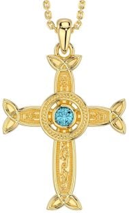 Aquamarine Gold Silver Celtic Cross Necklace