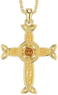 Citrine Gold Silver Celtic Cross Necklace