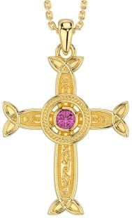 Pink Tourmaline Gold Silver Celtic Cross Necklace