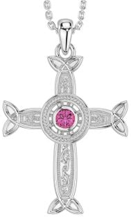 Pink Tourmaline Silver Celtic Cross Necklace